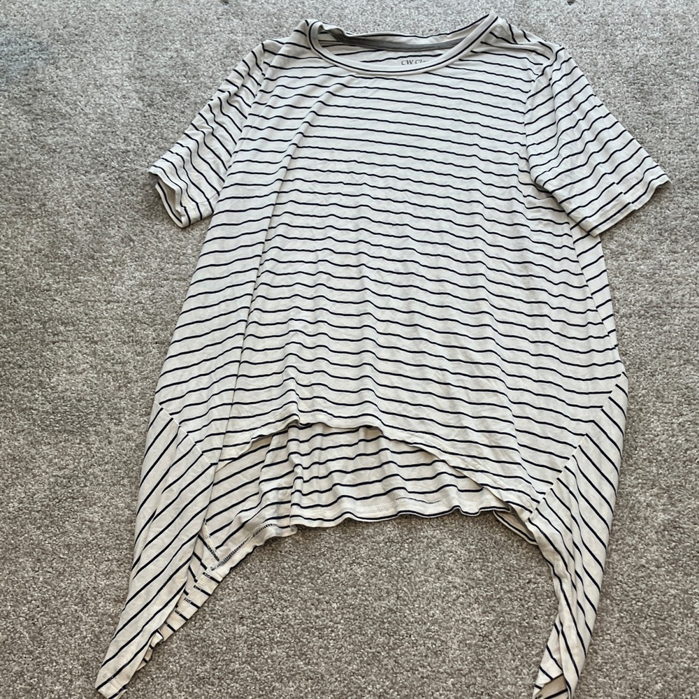 CW Classics Women's Top XLarge Cream Black Striped Short Sleeve Handkerchief Hem